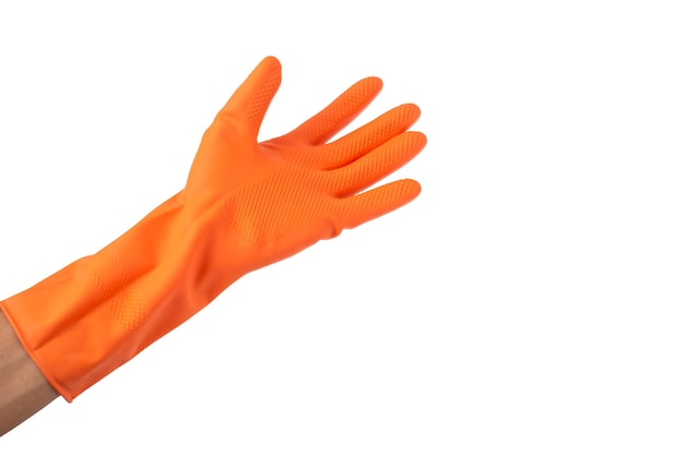 Photo plastic orange gloves on white background