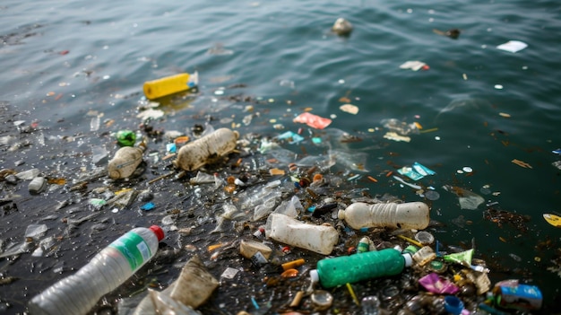 Photo plastic and other debris can be seen floating in the water a result of improper waste disposal by