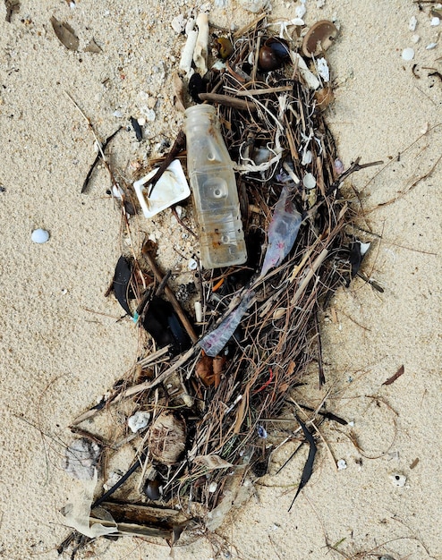 Plastic and other waste on the dirty beach