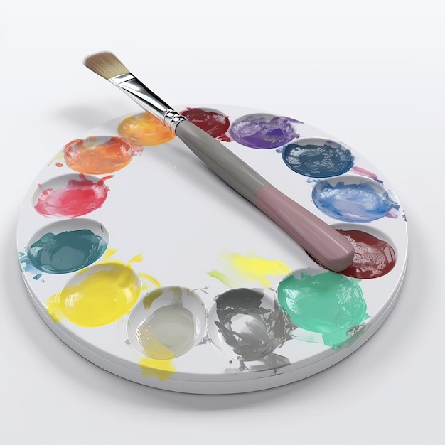 plastic paint palette with brush on white background