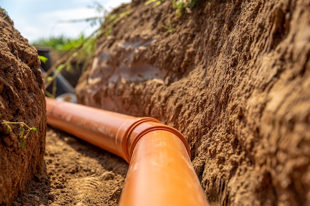 Plastic pipes in the ground for wastewater and rainwater.