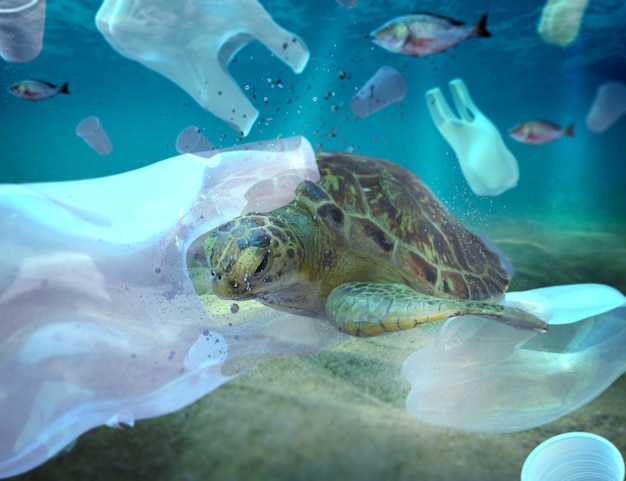 Пластмассовое загрязнение в экологической проблеме океана Черепахи могут есть пластмассу, думая, что они медузы