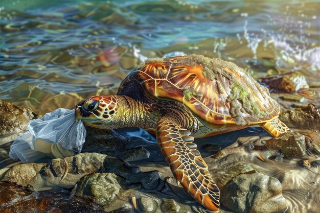 Загрязнение пластиком в океане Черепаха ест пластиковые пакеты Экологическая проблема
