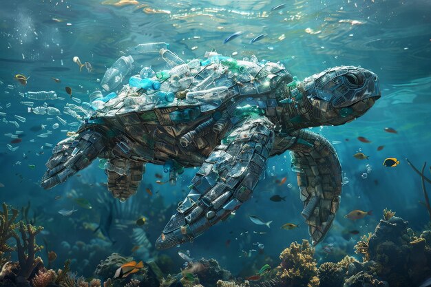 Foto inquinamento da plastica nell'oceano una tartaruga fatta di bottiglie di plastica bicchieri e spazzatura che nuota in mare