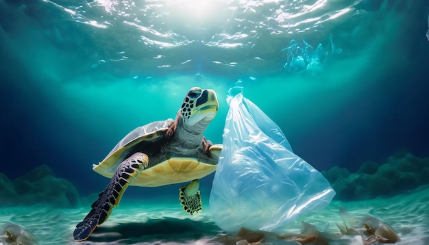 plastic pollution in ocean turtle stack with plastic bags