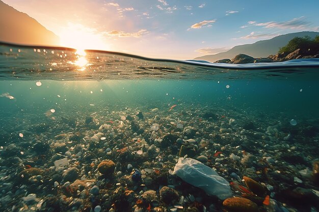 Foto inquinamento plastico dell'oceano sotto l'acqua foto generativa ai