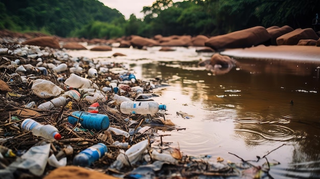 Plastic pollution in river with wildlife affected