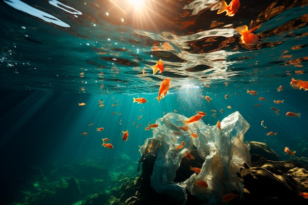 바다의 플라스틱 오염 및 환경 보호 개념