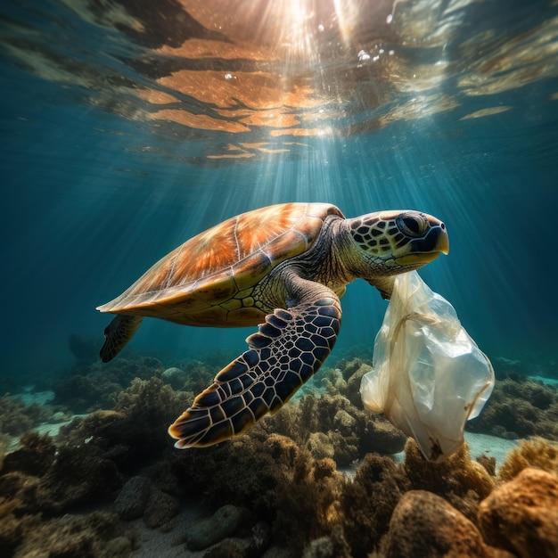 Загрязнение пластиком Морская черепаха борется с пластиковым пакетом
