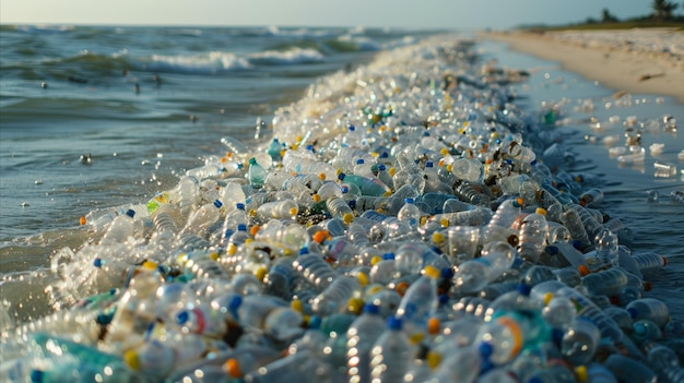 Plastic pollution on a sunny beach with waves and sand