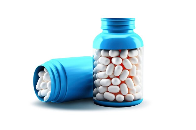 Plastic pot met capsules of tabletten drug drug pot mockup Pillen uit een open pot met een vitamine Plaats voor logo en tekst Element voor ontwerp