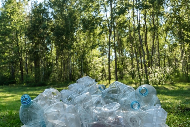 Plastic probleem een berg plastic flessen tegen de achtergrond van een groene bos natuurvervuiling