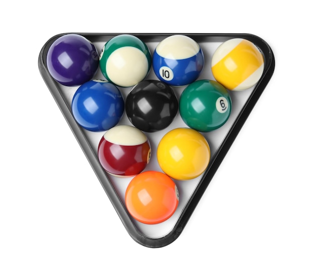 Plastic rack with billiard balls on white background top view