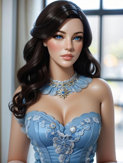 Photo plastic realistic humanlike female doll with modern facial construction barbielike theme