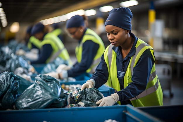 Photo plastic recycling plant recycling efforts portrait workers sorting city plastic waste