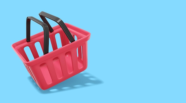 Plastic red flying basket on blue background with space for text empty shopping cart 3d rendering