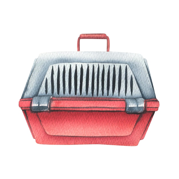 Plastic red pet carrier Watercolor illustration Isolated object on a white background from the VETERINARY collection For the design and decoration of the clinic shop prints posters