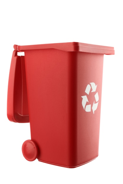 Plastic red trash can isolated on white background