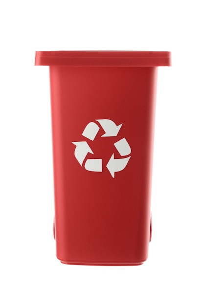 Plastic red trash can isolated on white background