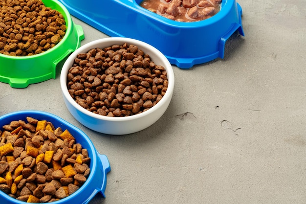 Plastic schotel voor huisdieren met voedsel op grijze achtergrond