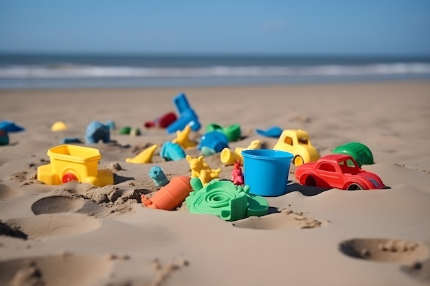 Plastic speelgoed op generatief ai zandstrand