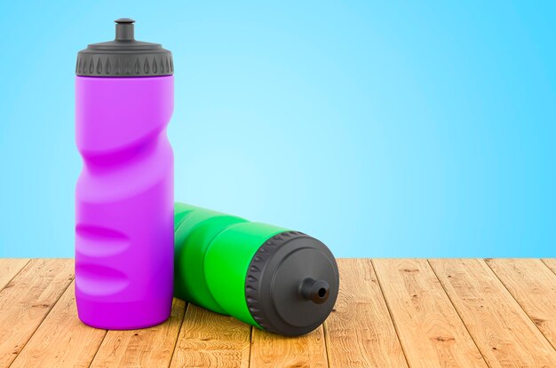 Plastic sport water bottles on the wooden table 3D rendering