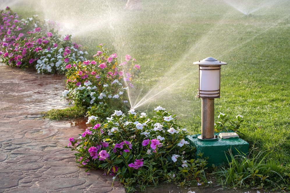 Premium Photo Plastic sprinkler irrigating flower bed on grass lawn
