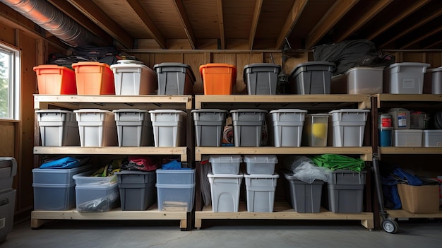 Photo plastic storage totes in garage