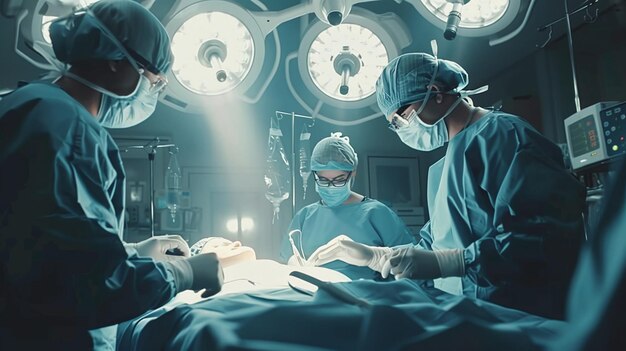 Photo plastic surgeons performing a breast implant in operating room