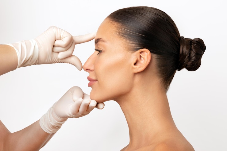 Photo plastic surgery and beauty concept profile shot of woman consulting before rhinoplasty operation