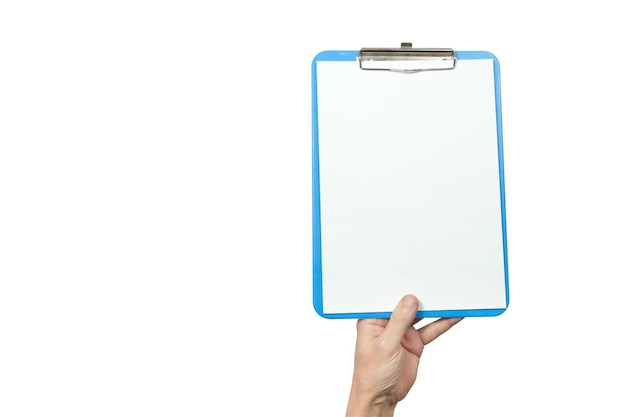 Plastic tablet with white sheet of paper in the hand