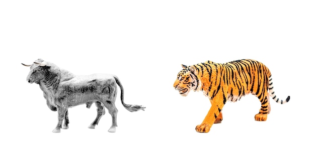 Plastic tiger and bull figurines