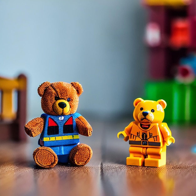 plastic toy lego pieces and teddy bear