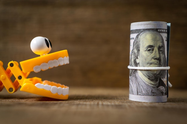 Plastic toy teeth with a dollar banknote.