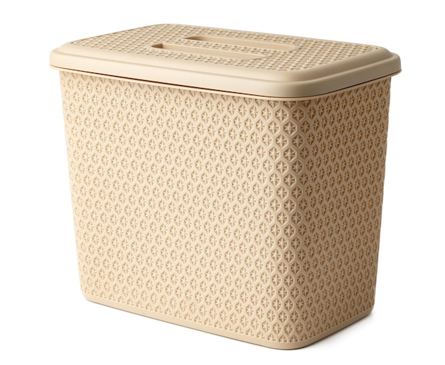Plastic trash can with lid on white background