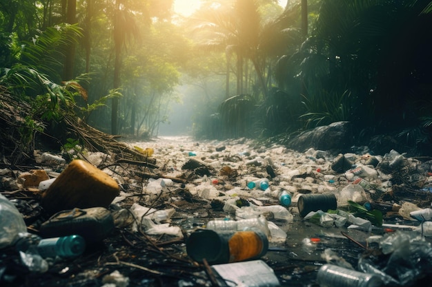 Plastic trash in the forest Pollution and environment concept Garbage pile in forest among plants Toxic plastic into nature everywhere AI Generated