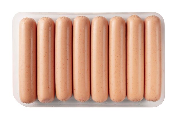 Photo plastic tray of fresh raw sausages isolated