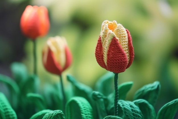 A plastic tulip with a red and yellow pattern