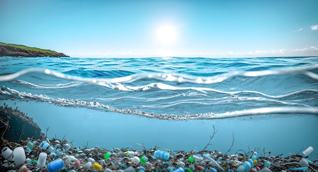 Plastic vervuiling in oceaan Milieuvervuiling oceaan en water met afval plastic en menselijk afval Milieuvervuiling Ecologisch probleem Generatieve AI