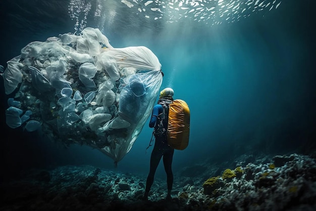 Plastic vervuiling van de oceaan Een duiker en een hoop puin AI generatie