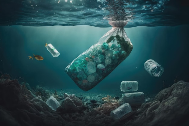 Plastic vuilniszakken en flessen die in de oceaan drijven