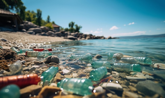 해변의 플라스틱 폐기물큰 도시의 해변에 쏟은 쓰레기 사용된 더러운 플라스틱을 비우세요