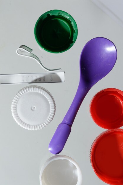 plastic waste bottle caps. close-up top view.