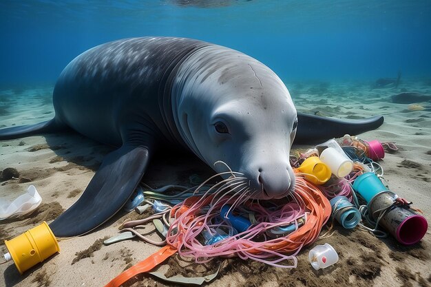 Photo plastic waste entangling a marine mammal