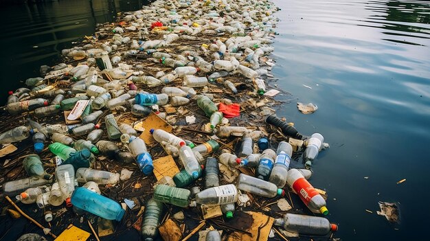 Plastic waste on the lake Pollution of environment concept