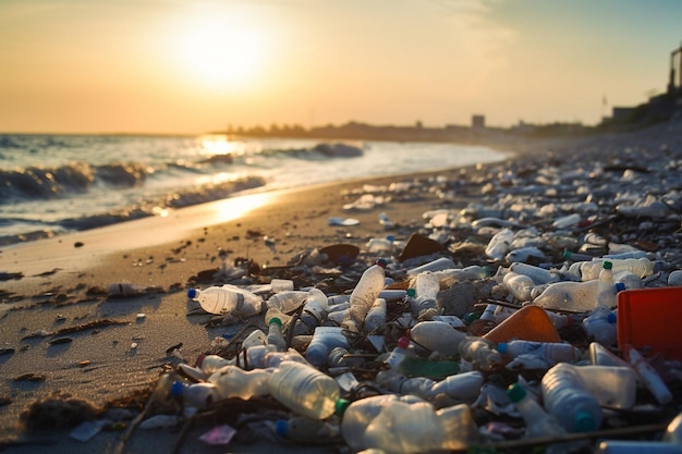 Plastic Waste Pollution on a Beach