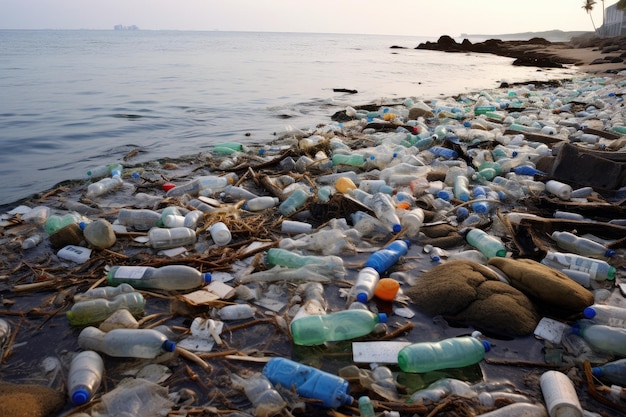 Plastic waste on the sea shore at sunset Environmental pollution Environmental issue of plastic pollution problem AI Generated