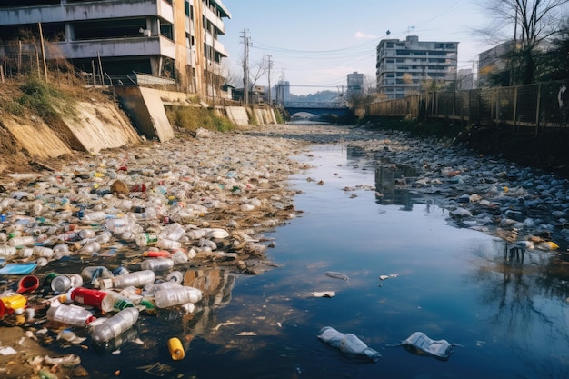 Plastic waste that has been thrown away is contaminating a river in a city park