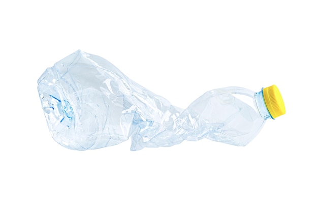 Plastic water bottle with empty crumpled used isolated on white background reuse recycle pollution environment ecology waste concept