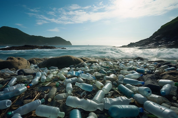 Загрязнение океана пластиковыми бутылками для воды Концепция окружающей среды